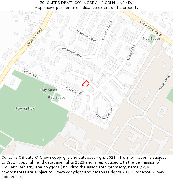 70, CURTIS DRIVE, CONINGSBY, LINCOLN, LN4 4DU: Location map and indicative extent of plot