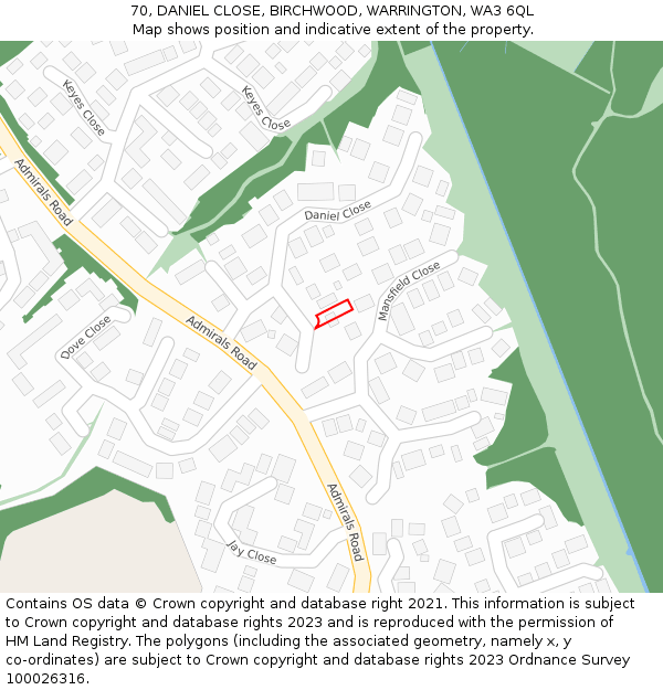 70, DANIEL CLOSE, BIRCHWOOD, WARRINGTON, WA3 6QL: Location map and indicative extent of plot