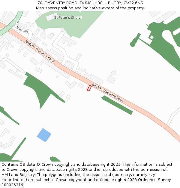 70, DAVENTRY ROAD, DUNCHURCH, RUGBY, CV22 6NS: Location map and indicative extent of plot