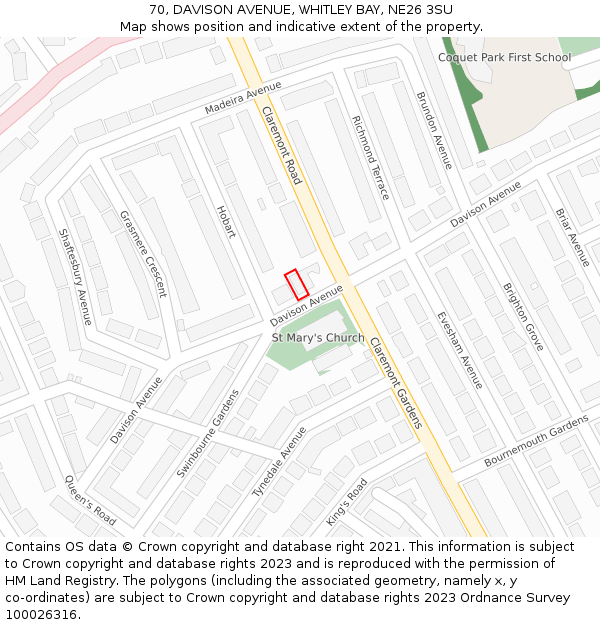 70, DAVISON AVENUE, WHITLEY BAY, NE26 3SU: Location map and indicative extent of plot