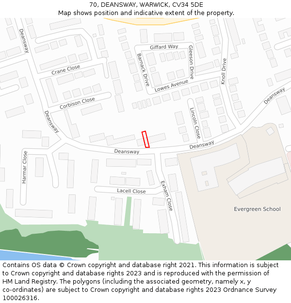 70, DEANSWAY, WARWICK, CV34 5DE: Location map and indicative extent of plot