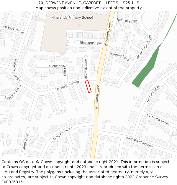 70, DERWENT AVENUE, GARFORTH, LEEDS, LS25 1HS: Location map and indicative extent of plot