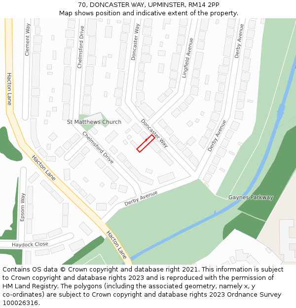 70, DONCASTER WAY, UPMINSTER, RM14 2PP: Location map and indicative extent of plot