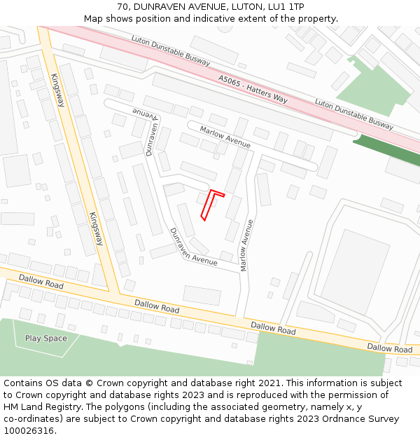 70, DUNRAVEN AVENUE, LUTON, LU1 1TP: Location map and indicative extent of plot