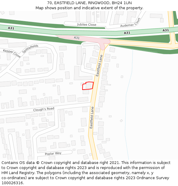 70, EASTFIELD LANE, RINGWOOD, BH24 1UN: Location map and indicative extent of plot