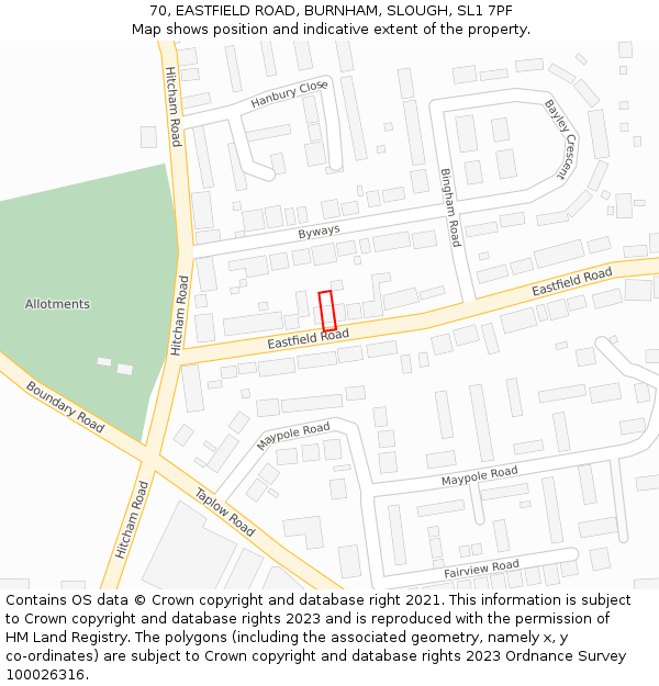 70, EASTFIELD ROAD, BURNHAM, SLOUGH, SL1 7PF: Location map and indicative extent of plot