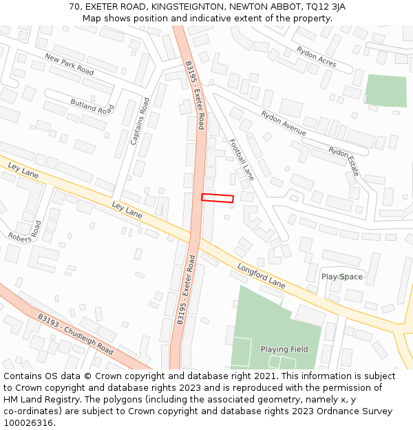 70, EXETER ROAD, KINGSTEIGNTON, NEWTON ABBOT, TQ12 3JA: Location map and indicative extent of plot