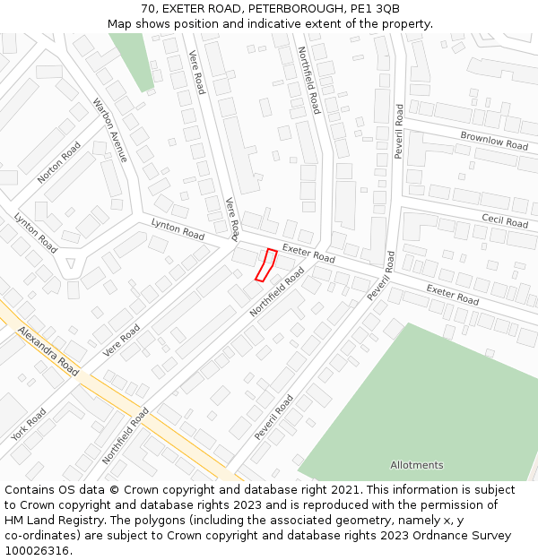 70, EXETER ROAD, PETERBOROUGH, PE1 3QB: Location map and indicative extent of plot