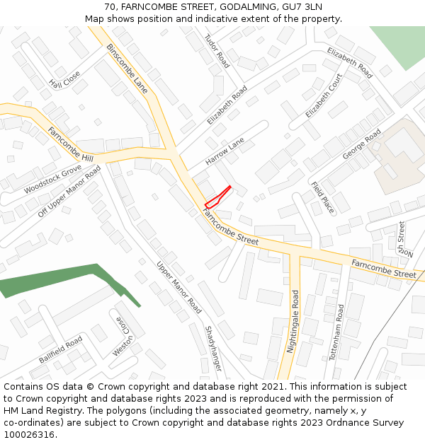 70, FARNCOMBE STREET, GODALMING, GU7 3LN: Location map and indicative extent of plot