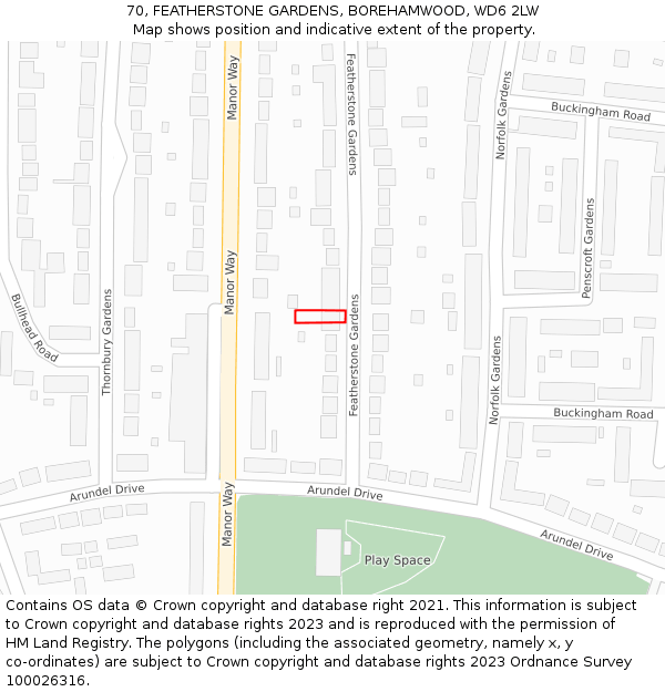 70, FEATHERSTONE GARDENS, BOREHAMWOOD, WD6 2LW: Location map and indicative extent of plot