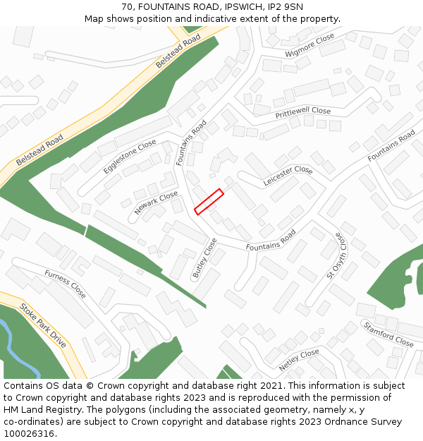 70, FOUNTAINS ROAD, IPSWICH, IP2 9SN: Location map and indicative extent of plot