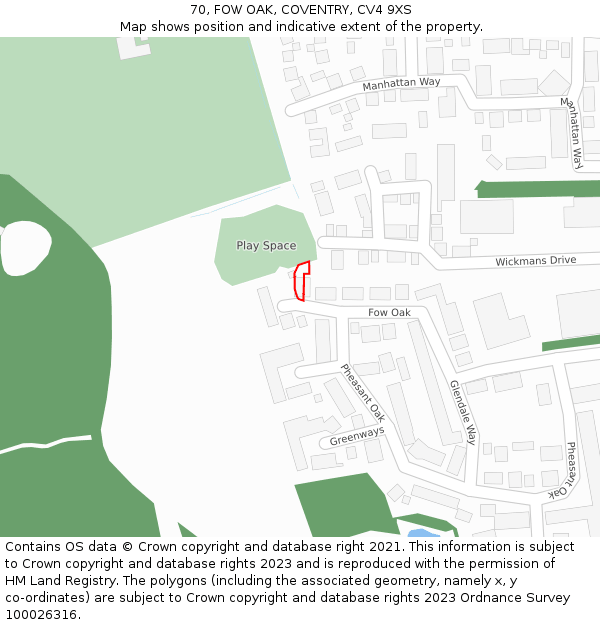 70, FOW OAK, COVENTRY, CV4 9XS: Location map and indicative extent of plot