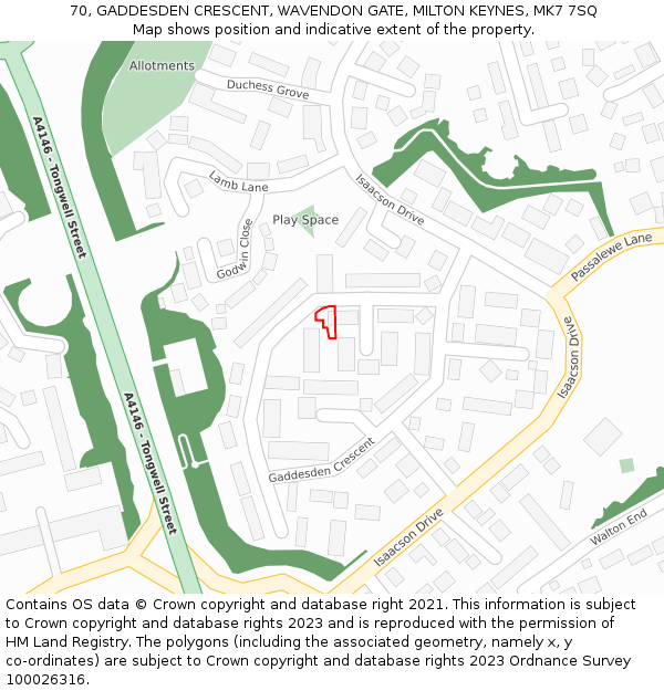 70, GADDESDEN CRESCENT, WAVENDON GATE, MILTON KEYNES, MK7 7SQ: Location map and indicative extent of plot