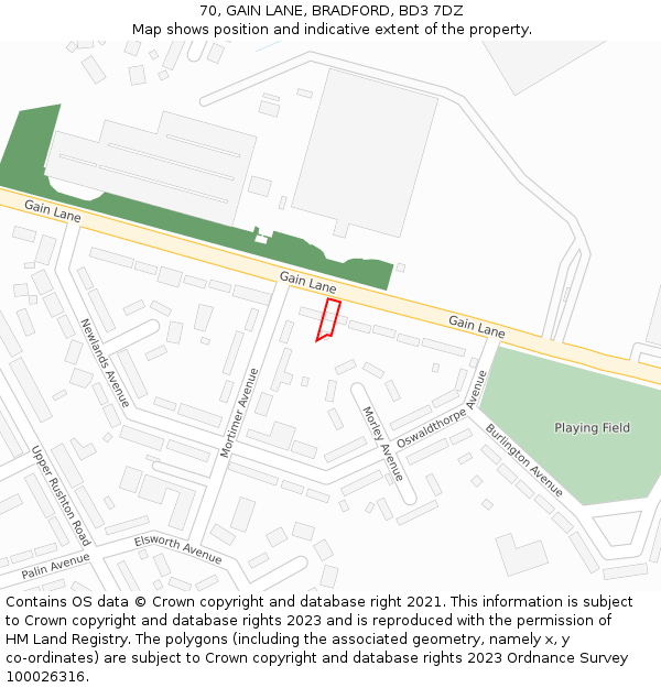 70, GAIN LANE, BRADFORD, BD3 7DZ: Location map and indicative extent of plot