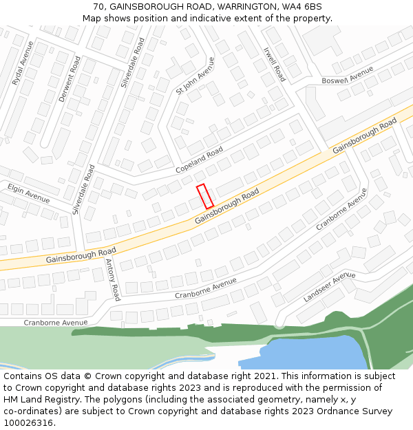 70, GAINSBOROUGH ROAD, WARRINGTON, WA4 6BS: Location map and indicative extent of plot