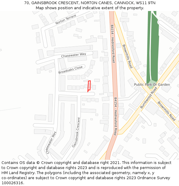 70, GAINSBROOK CRESCENT, NORTON CANES, CANNOCK, WS11 9TN: Location map and indicative extent of plot