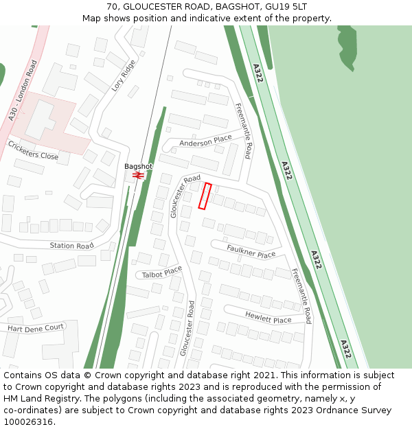 70, GLOUCESTER ROAD, BAGSHOT, GU19 5LT: Location map and indicative extent of plot