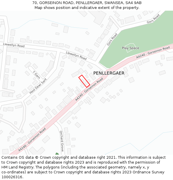 70, GORSEINON ROAD, PENLLERGAER, SWANSEA, SA4 9AB: Location map and indicative extent of plot