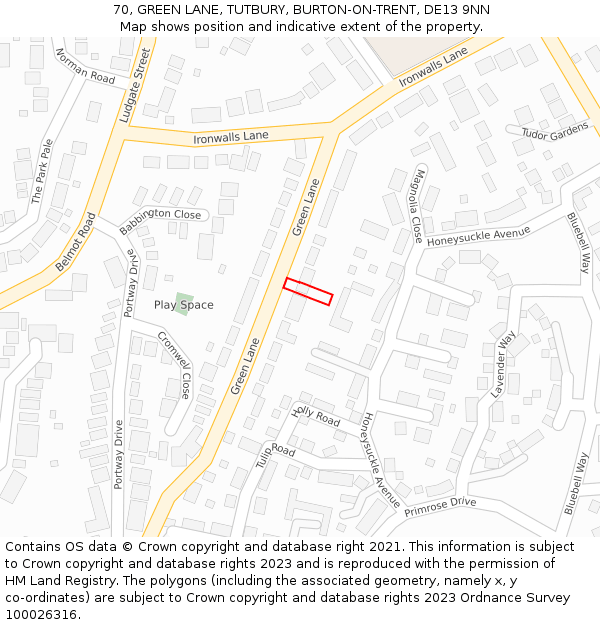 70, GREEN LANE, TUTBURY, BURTON-ON-TRENT, DE13 9NN: Location map and indicative extent of plot