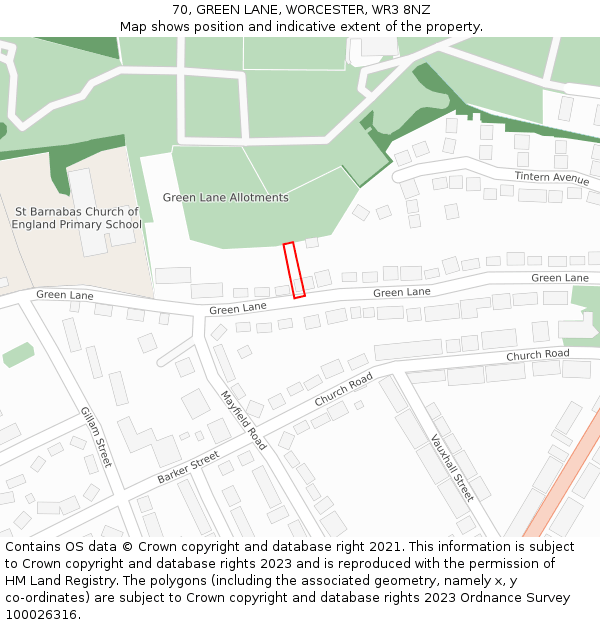 70, GREEN LANE, WORCESTER, WR3 8NZ: Location map and indicative extent of plot