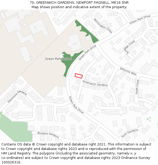 70, GREENWICH GARDENS, NEWPORT PAGNELL, MK16 0NR: Location map and indicative extent of plot