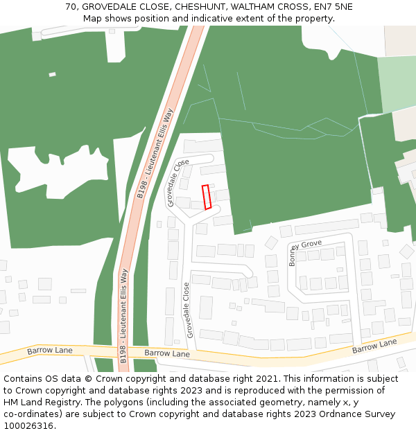 70, GROVEDALE CLOSE, CHESHUNT, WALTHAM CROSS, EN7 5NE: Location map and indicative extent of plot