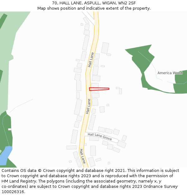 70, HALL LANE, ASPULL, WIGAN, WN2 2SF: Location map and indicative extent of plot