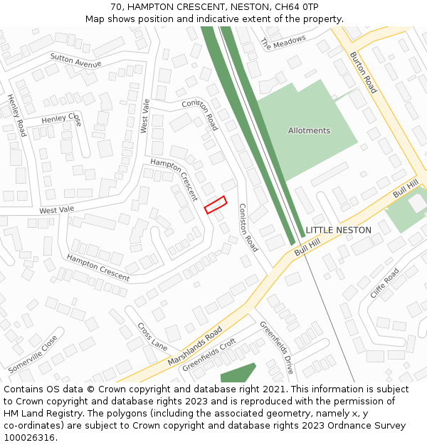 70, HAMPTON CRESCENT, NESTON, CH64 0TP: Location map and indicative extent of plot