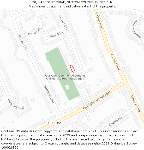 70, HARCOURT DRIVE, SUTTON COLDFIELD, B74 4LN: Location map and indicative extent of plot