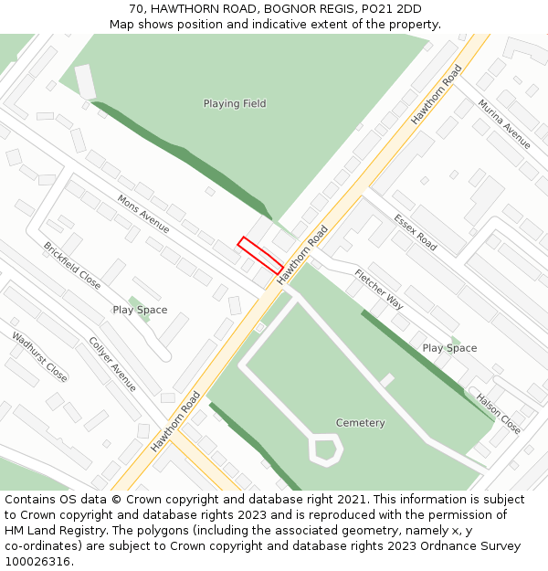 70, HAWTHORN ROAD, BOGNOR REGIS, PO21 2DD: Location map and indicative extent of plot