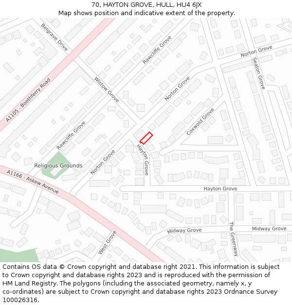 70, HAYTON GROVE, HULL, HU4 6JX: Location map and indicative extent of plot