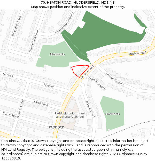 70, HEATON ROAD, HUDDERSFIELD, HD1 4JB: Location map and indicative extent of plot