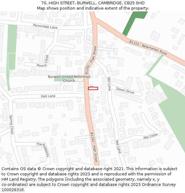 70, HIGH STREET, BURWELL, CAMBRIDGE, CB25 0HD: Location map and indicative extent of plot