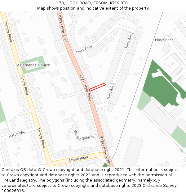 70, HOOK ROAD, EPSOM, KT19 8TR: Location map and indicative extent of plot