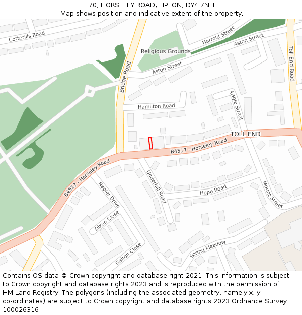 70, HORSELEY ROAD, TIPTON, DY4 7NH: Location map and indicative extent of plot