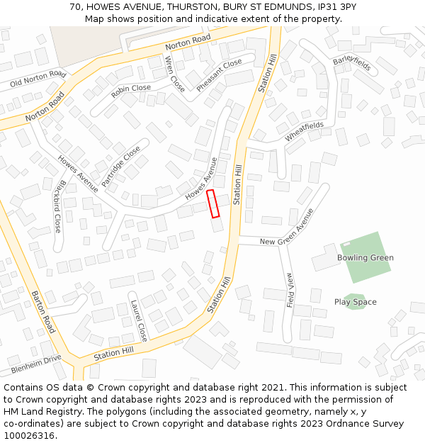 70, HOWES AVENUE, THURSTON, BURY ST EDMUNDS, IP31 3PY: Location map and indicative extent of plot