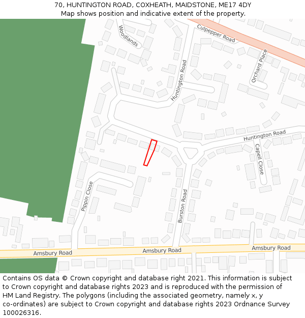 70, HUNTINGTON ROAD, COXHEATH, MAIDSTONE, ME17 4DY: Location map and indicative extent of plot