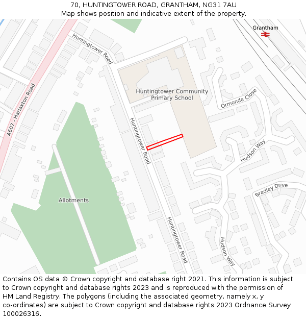 70, HUNTINGTOWER ROAD, GRANTHAM, NG31 7AU: Location map and indicative extent of plot