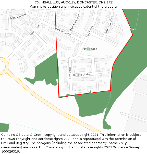 70, INSALL WAY, AUCKLEY, DONCASTER, DN9 3FZ: Location map and indicative extent of plot