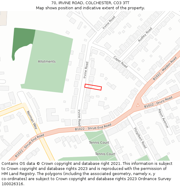 70, IRVINE ROAD, COLCHESTER, CO3 3TT: Location map and indicative extent of plot