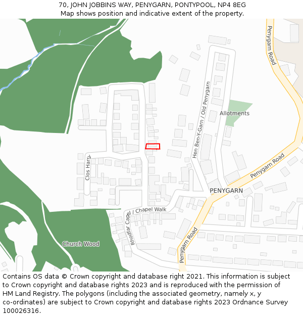 70, JOHN JOBBINS WAY, PENYGARN, PONTYPOOL, NP4 8EG: Location map and indicative extent of plot