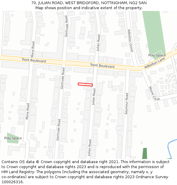 70, JULIAN ROAD, WEST BRIDGFORD, NOTTINGHAM, NG2 5AN: Location map and indicative extent of plot