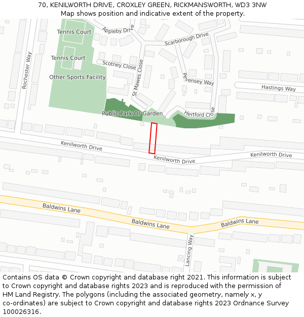 70, KENILWORTH DRIVE, CROXLEY GREEN, RICKMANSWORTH, WD3 3NW: Location map and indicative extent of plot