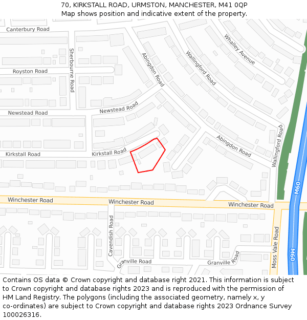 70, KIRKSTALL ROAD, URMSTON, MANCHESTER, M41 0QP: Location map and indicative extent of plot