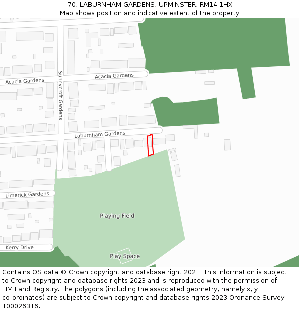 70, LABURNHAM GARDENS, UPMINSTER, RM14 1HX: Location map and indicative extent of plot