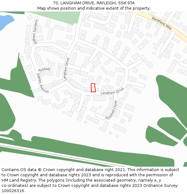 70, LANGHAM DRIVE, RAYLEIGH, SS6 9TA: Location map and indicative extent of plot