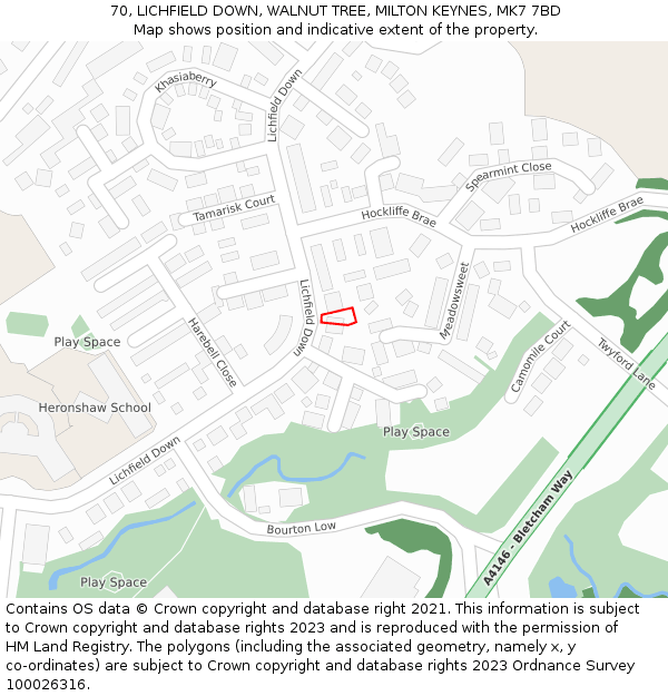 70, LICHFIELD DOWN, WALNUT TREE, MILTON KEYNES, MK7 7BD: Location map and indicative extent of plot