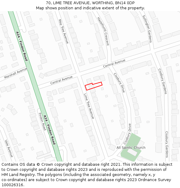 70, LIME TREE AVENUE, WORTHING, BN14 0DP: Location map and indicative extent of plot