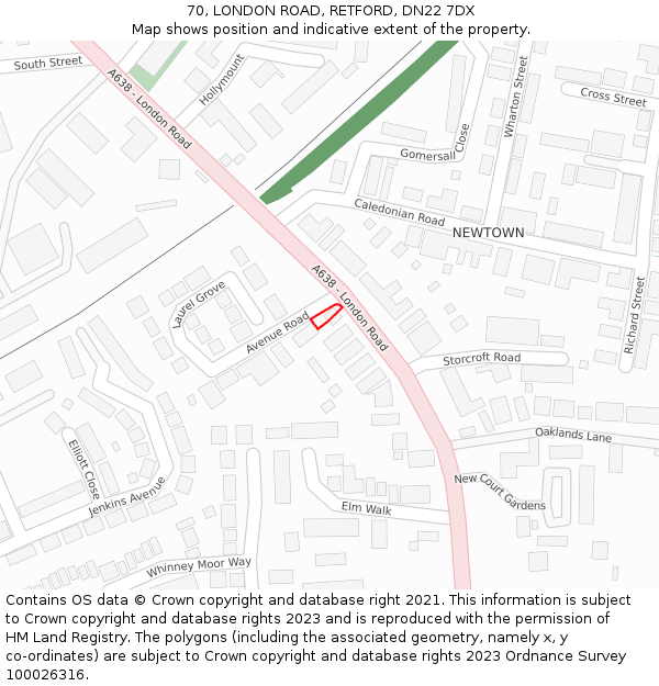 70, LONDON ROAD, RETFORD, DN22 7DX: Location map and indicative extent of plot