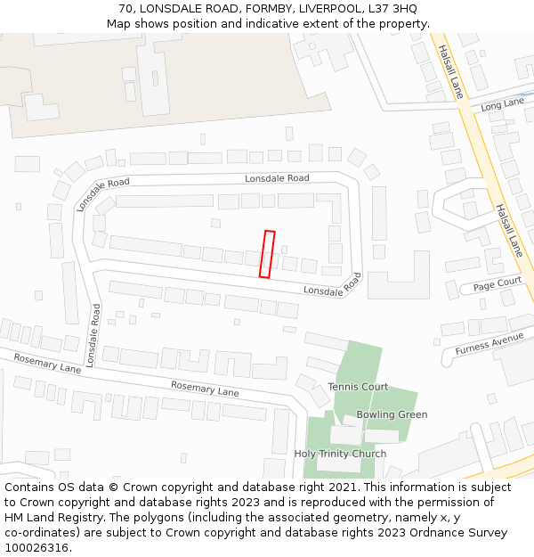 70, LONSDALE ROAD, FORMBY, LIVERPOOL, L37 3HQ: Location map and indicative extent of plot